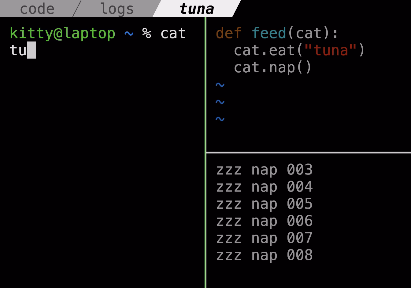 A kitty window with three tabs named code, logs and tuna. The tuna tab is split into three panes: a shell prompt on the left, an editor showing Python code at the top right and a scrolling log at the bottom right.