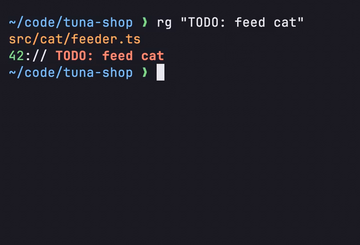 rg "TODO: feed cat" finds the comment on line 42 of src/cat/feeder.ts.