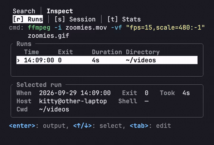 Ctrl-R opens atuin's history list; inspecting the ffmpeg command shows exit 0, took 4s, the ~/videos folder and the machine kitty@other-laptop.