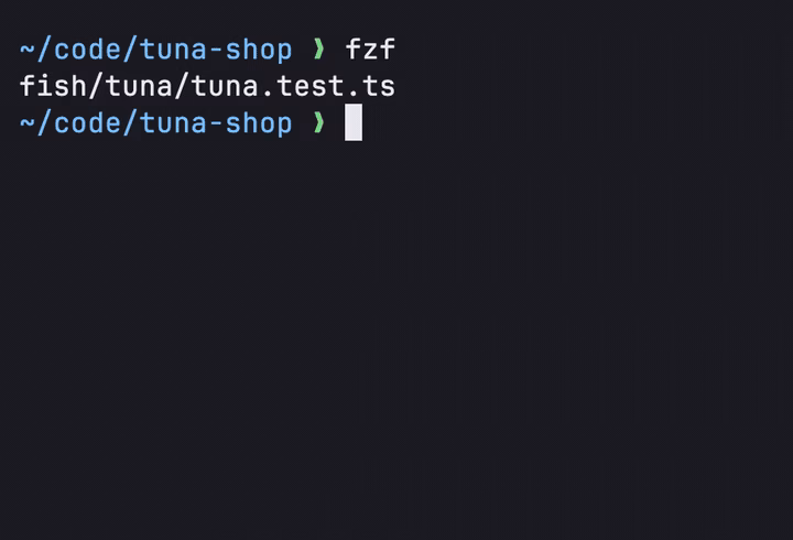 fzf lists 1,204 files; typing tna narrows them to 102, and Enter prints fish/tuna/tuna.test.ts.