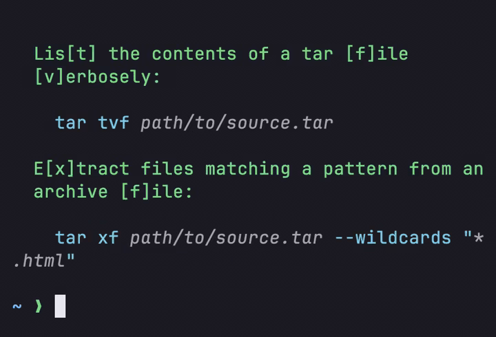 man tar fills the screen with every flag; tldr tar then shows a short list of common tar commands.