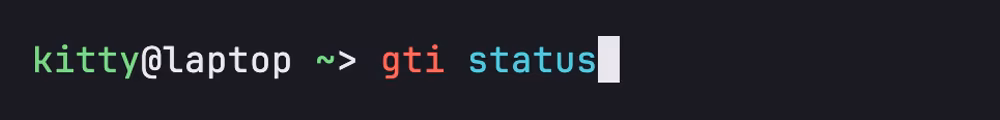 A fish prompt with gti status typed and not yet run: the misspelt command gti is red, and the word status is cyan.