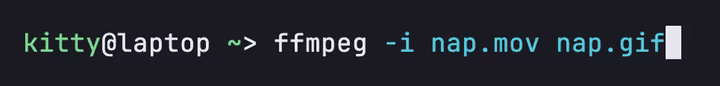 Typing ff in fish shows the rest of ffmpeg -i nap.mov nap.gif in grey; pressing the right arrow fills in the whole command.