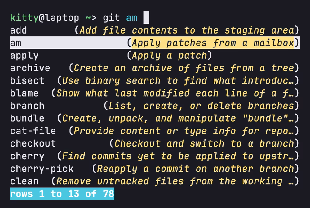 After git and Tab, fish lists Git's subcommands with a description beside each, such as add (Add file contents to the staging area) and branch (List, create, or delete branches). The entry am is selected, and the last line reads rows 1 to 13 of 78.