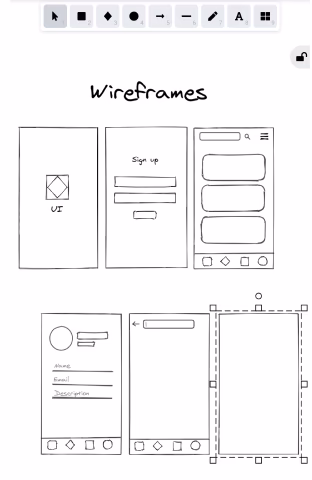 Excalidraw's canvas with its tool bar at the top and six app-screen wireframes drawn in slightly wobbly, sketch-style lines under the hand-written heading 'Wireframes'.