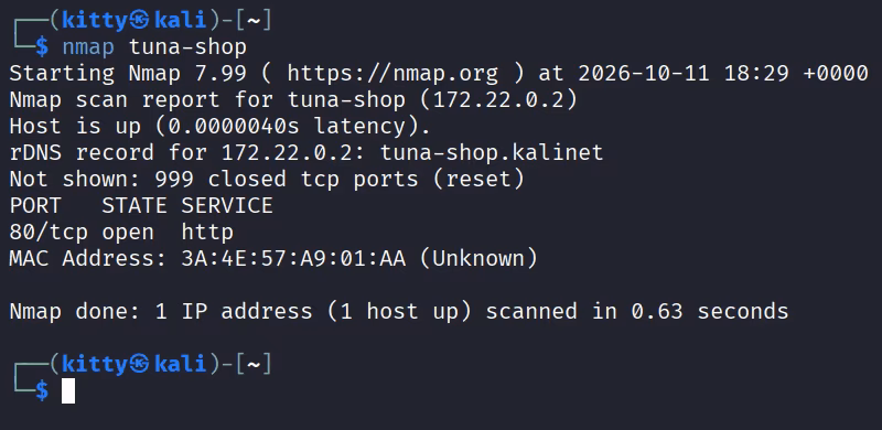 Running nmap tuna-shop in a Kali terminal first reports 80/tcp open http and 5432/tcp open postgresql. After the database port is closed, the same scan shows only 80/tcp open, with 999 closed ports not shown.