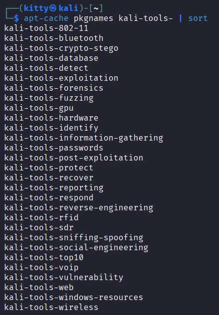 The command apt-cache pkgnames kali-tools- | sort lists the tool metapackages, from kali-tools-802-11, kali-tools-bluetooth and kali-tools-crypto-stego through kali-tools-passwords, kali-tools-vulnerability and kali-tools-web to kali-tools-wireless.