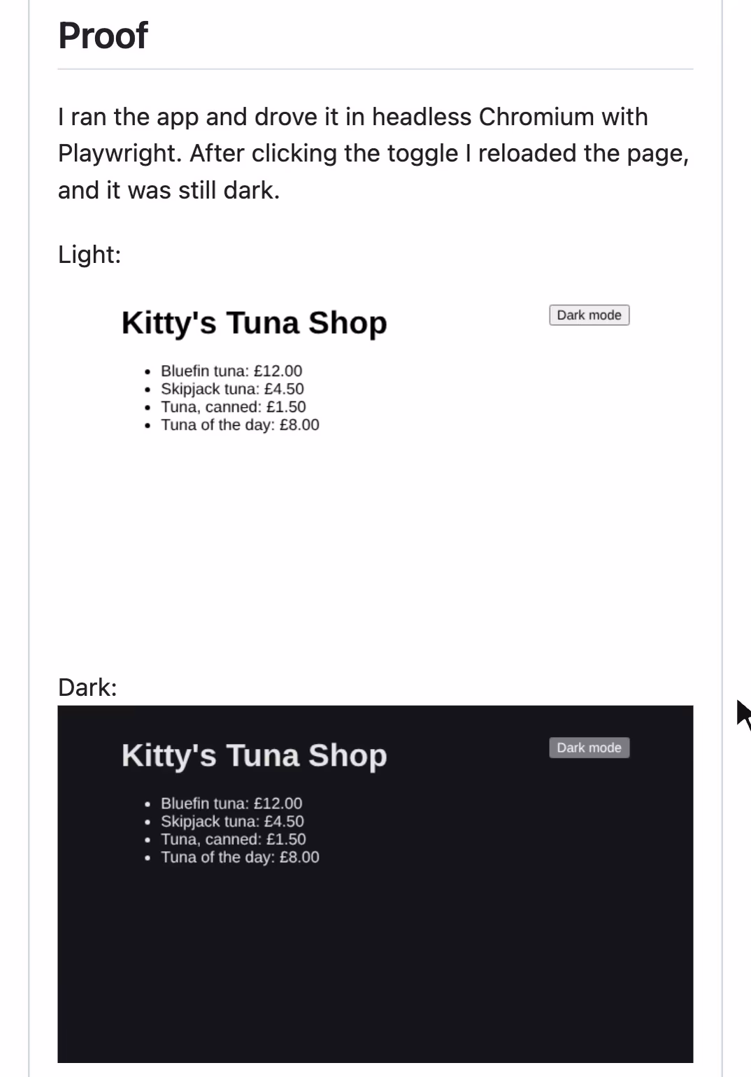The Proof section of a pull request: the agent ran the app in headless Chromium with Playwright, clicked the toggle and reloaded, with screenshots of Kitty's Tuna Shop in light mode and in dark mode.