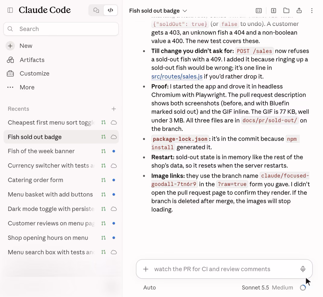 Claude Code with ten sessions in the sidebar, one per feature, from 'Cheapest first menu sort toggle' to 'Menu search box with tests', and one session's report on the pull request it opened.
