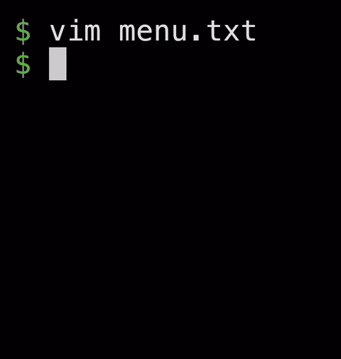 In normal mode, typing :wq appears on the bottom line of Vim; pressing Enter saves menu.txt, closes Vim and returns to the shell prompt.