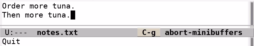 With notes.txt edited and ** in the mode line, pressing C-x C-s shows Wrote /home/kitty/tuna-shop/notes.txt and the ** turns to --; then C-x C-f opens a Find file prompt and C-g closes it with Quit.