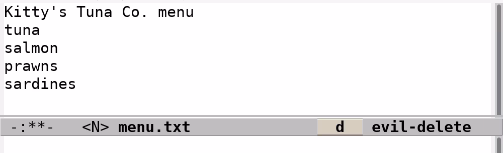 Typing M-x evil-mode turns on Evil: the mode line shows <N> for normal state, h, j, k and l move the cursor through the menu, and dd deletes the mackerel line.