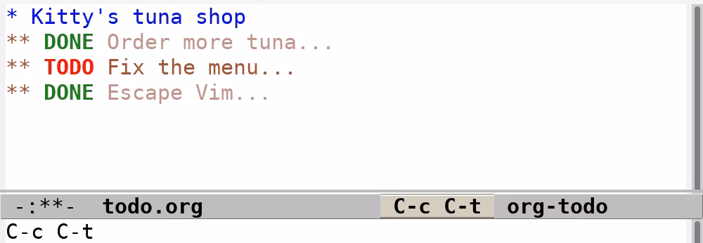 An Org file with TODO and DONE tasks under one heading: Shift+Tab folds it to the top heading, then shows every heading without its notes, and C-c C-t on 'Order more tuna' changes TODO to DONE.