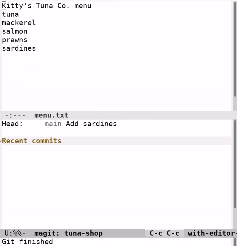C-x g opens the Magit status buffer under menu.txt with one unstaged change; s moves it to Staged changes, c c opens a commit message beside the diff, and after typing Add sardines, C-c C-c commits it and the status shows Head: main Add sardines.