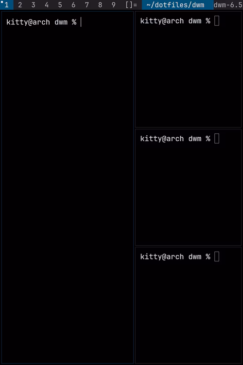 Terminals opening one by one in dwm. The first fills the screen; each new one takes the large master area on the left and pushes the older ones into a stack on the right, ending with one master and three stacked windows.