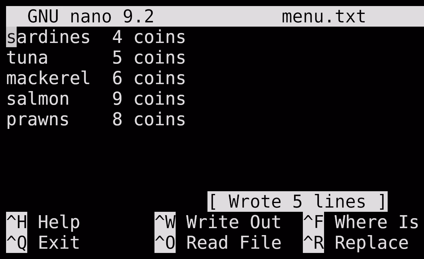 nano 9.2 started with --modernbindings: after saving, the status bar says 'Wrote 5 lines' and the help lines read ^H Help, ^Q Exit, ^W Write Out, ^O Read File, ^F Where Is and ^R Replace.