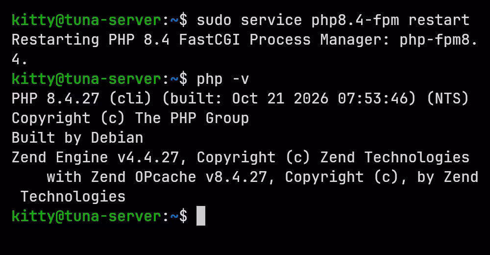 A terminal runs sudo apt update and upgrades the php8.4 packages from 8.4.24 to 8.4.27, then sudo service php8.4-fpm restart, then php -v, which prints PHP 8.4.27 built on 21 October 2026.